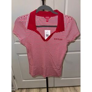 Guess Women's s Red White Striped V Neck Collared Polo Shirt size Large